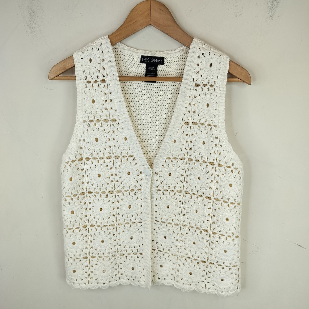 Design 365 Crochet Sweater Vest Womens Large Granny Square Boho Ivory Cotton